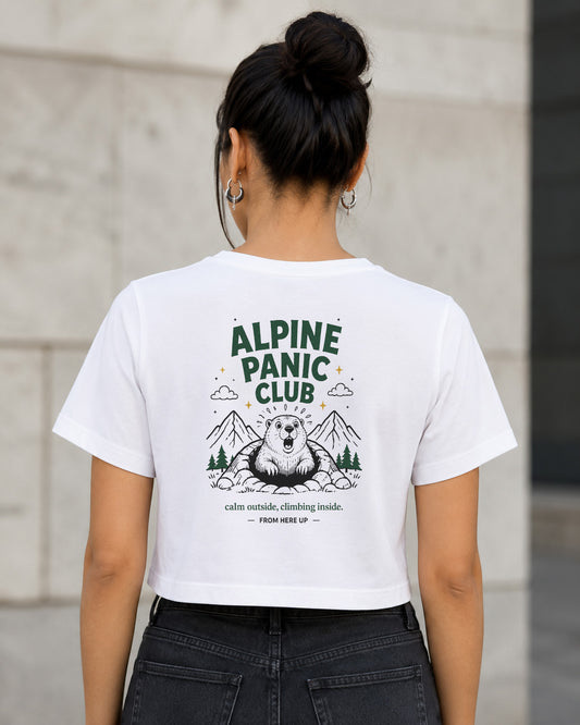 Alpine Panic Club T-Shirt – Frauen Crop Shirt Weiss, Rückenprint