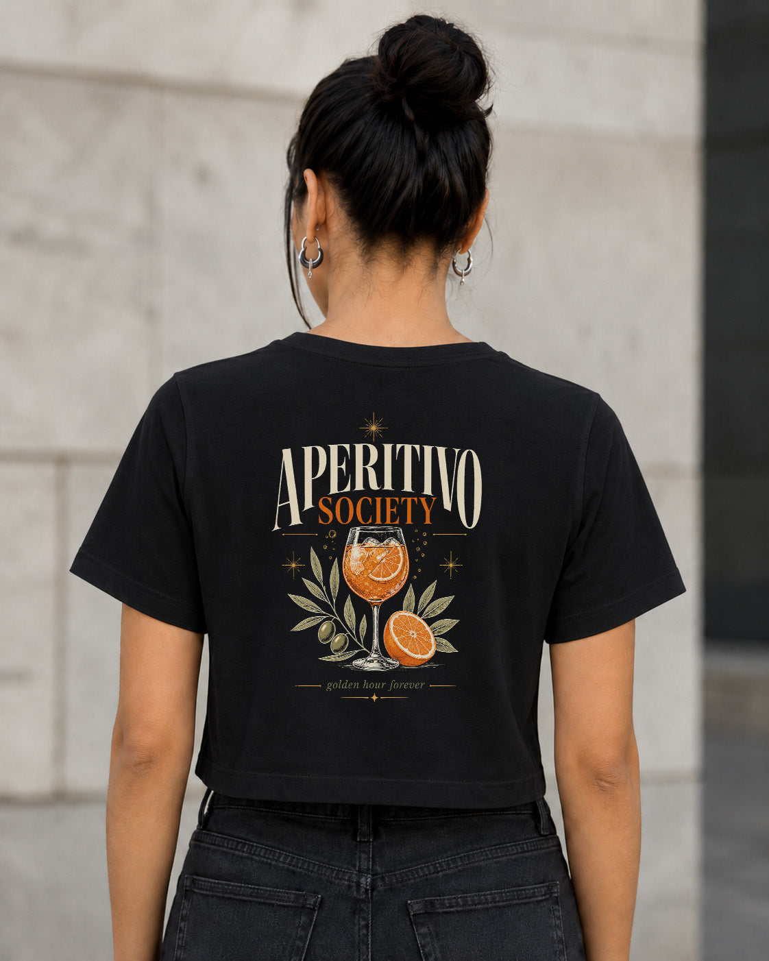 Aperitivo Society T-Shirt – Frauen Crop Shirt Schwarz, Rückenprint