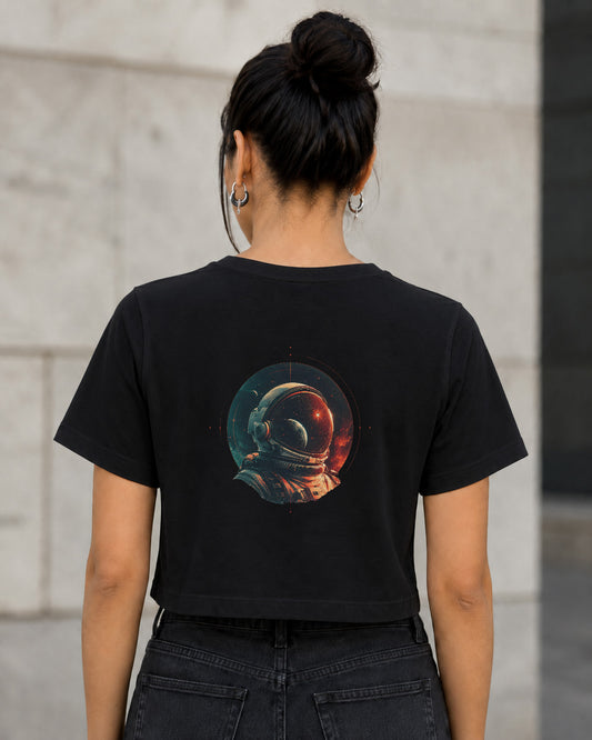 Astronaut T-Shirt – Frauen Crop Shirt Schwarz, Rückenprint