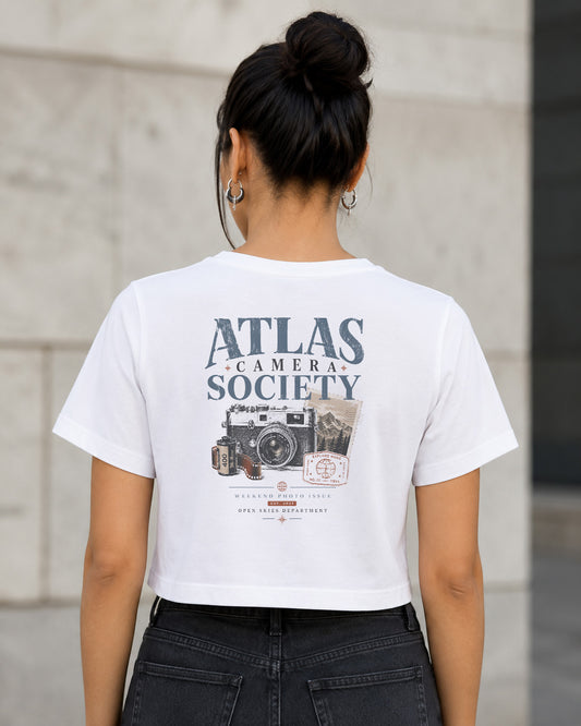 Atlas Camera Society T-Shirt – Frauen Crop Shirt Weiss, Rückenprint