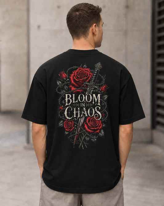 Bloom in Chaos T-Shirt – Heavyweight Oversize Shirt Schwarz, Rückenprint