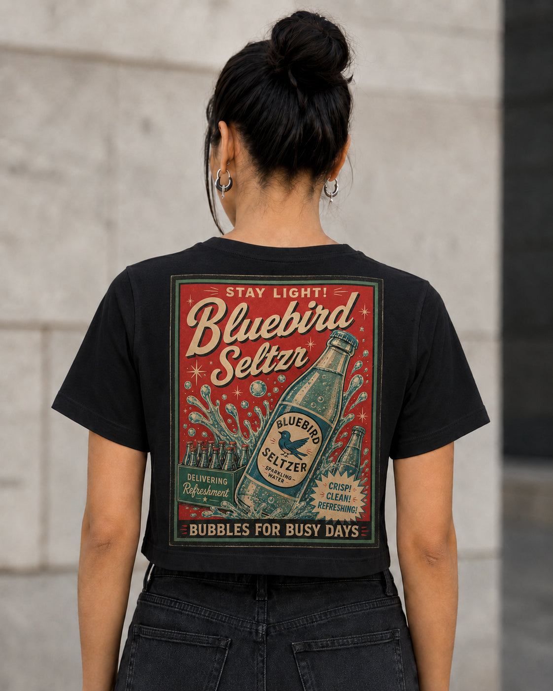 Bluebird Seltzer T-Shirt – Frauen Crop Shirt Schwarz, Rückenprint