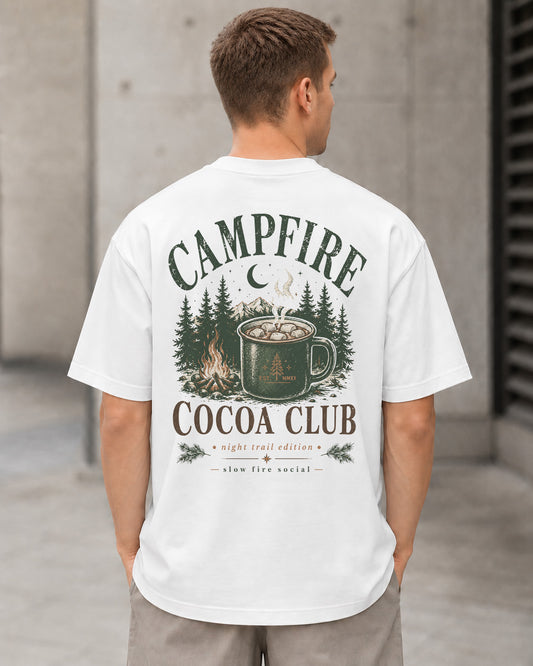 Campfire Cocoa Club T-Shirt – Heavyweight Oversize Shirt Weiss, Rückenprint