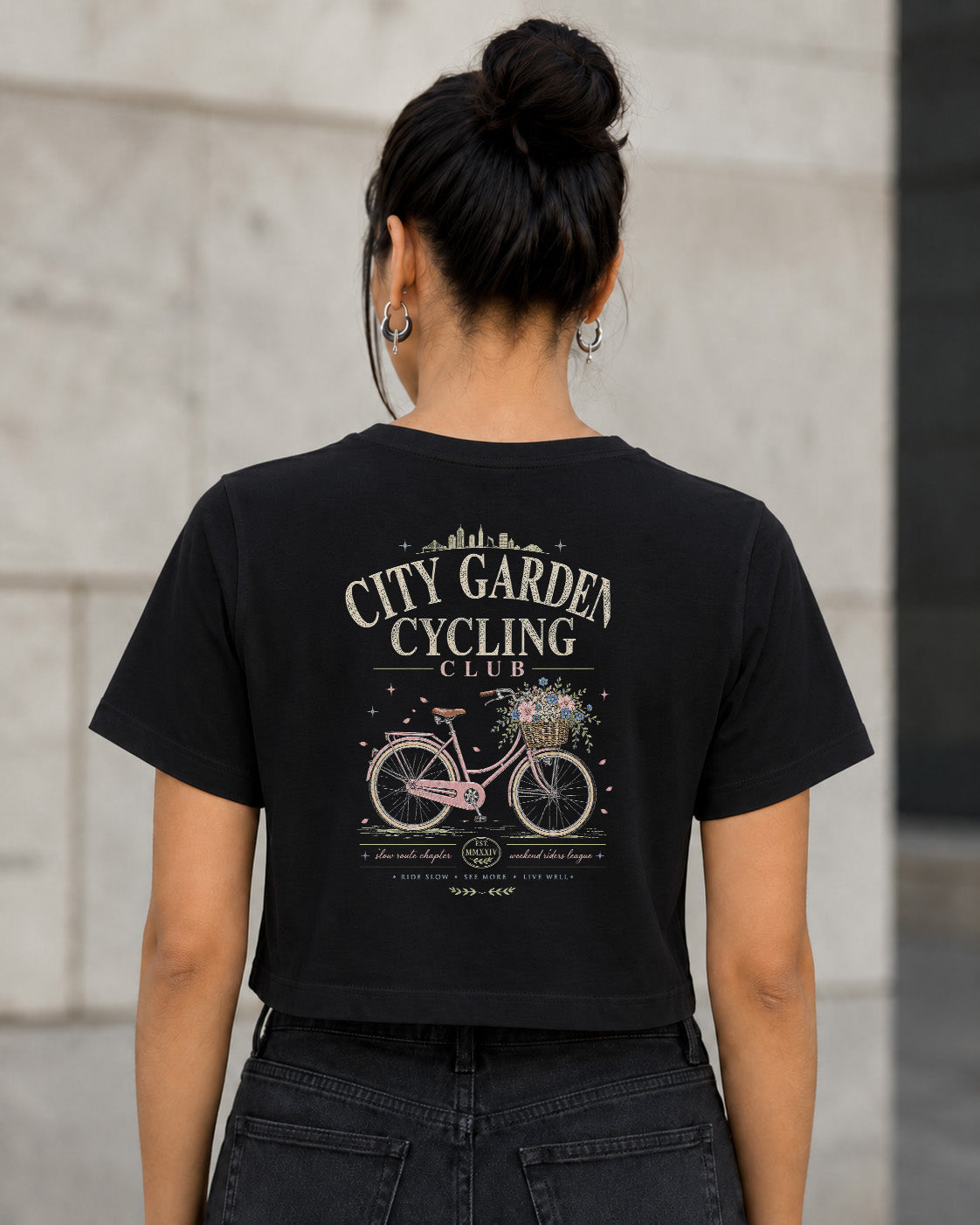 City Garden Cycling Club T-Shirt – Frauen Crop Shirt Schwarz, Rückenprint