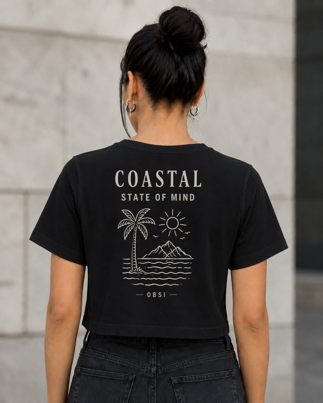 Coastal State of Mind T-Shirt – Frauen Crop Shirt Schwarz, Rückenprint