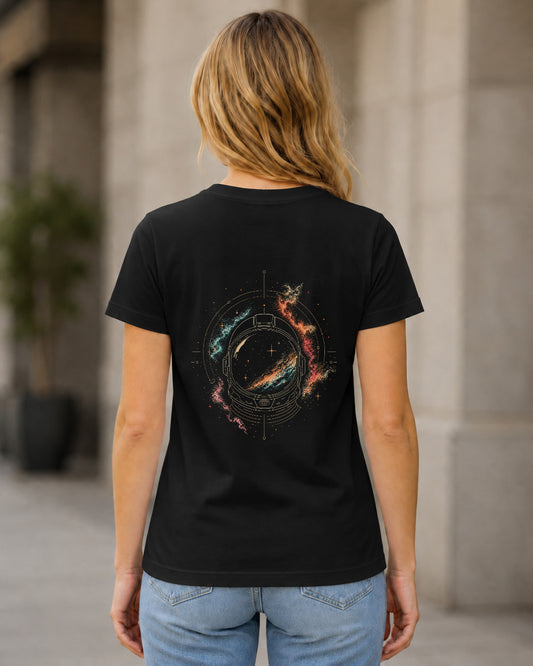 Cosmic Helmet T-Shirt – Frauen Shirt Schwarz, Rückenprint