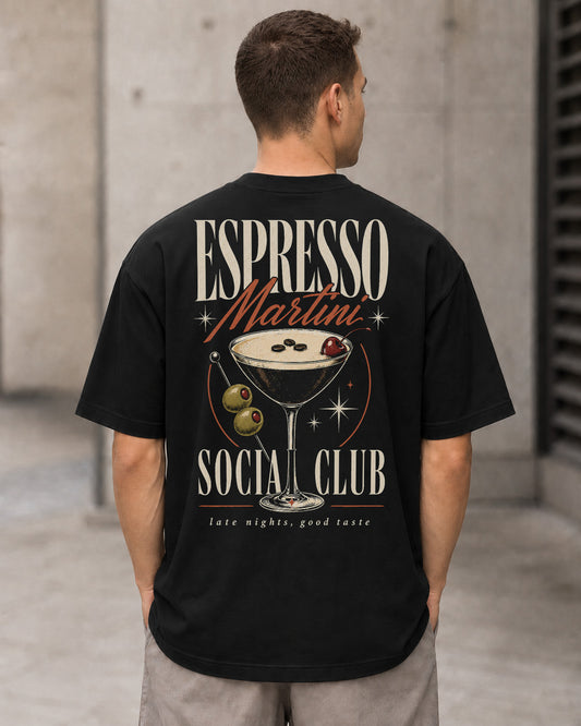 Espresso Martini Social Club T-Shirt – Heavyweight Oversize Shirt Schwarz, Rückenprint