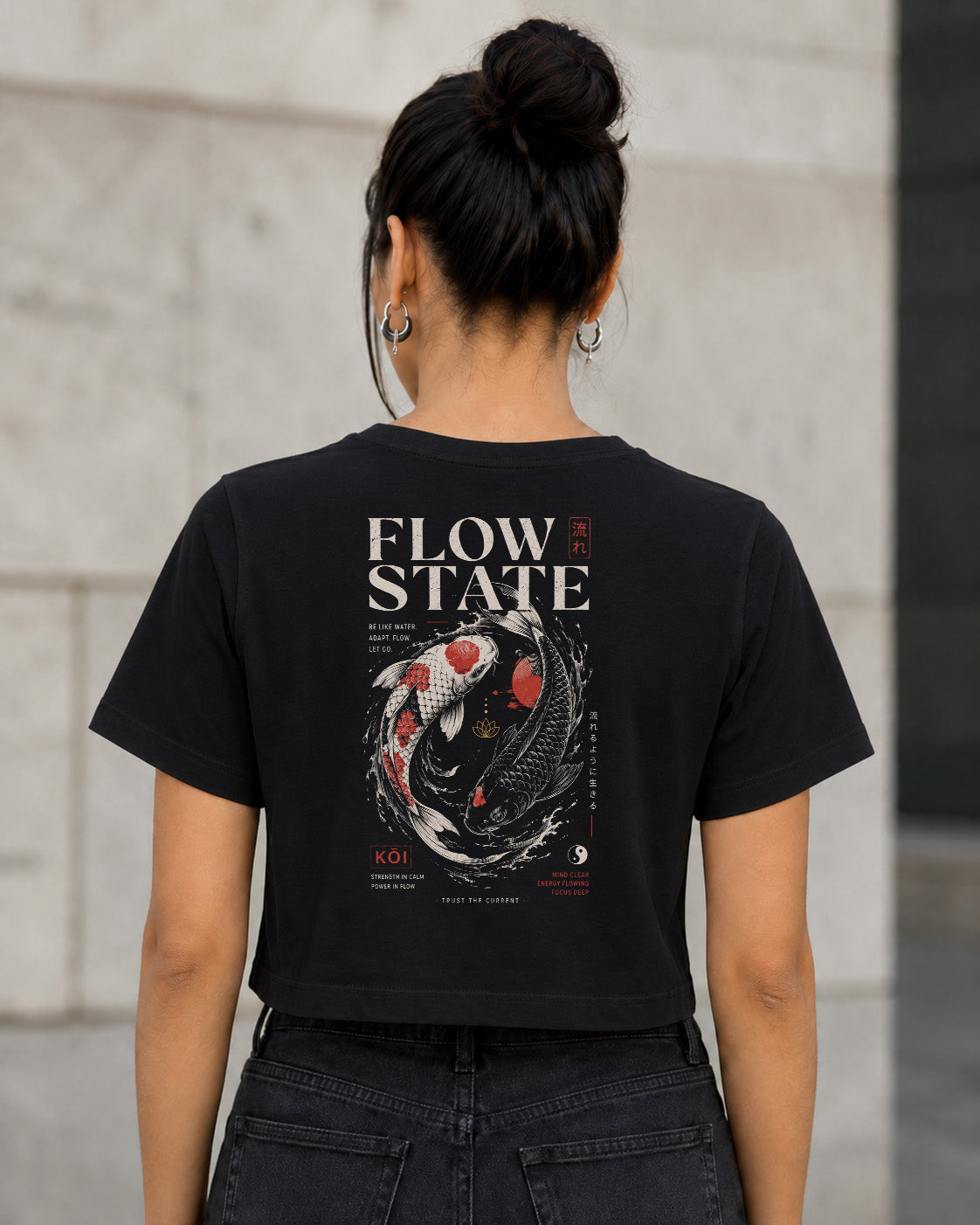 Flow State T-Shirt – Frauen Crop Shirt Schwarz, Rückenprint