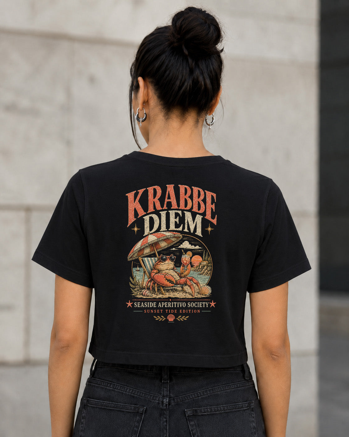 Krabbe Diem T-Shirt – Frauen Crop Shirt Schwarz, Rückenprint