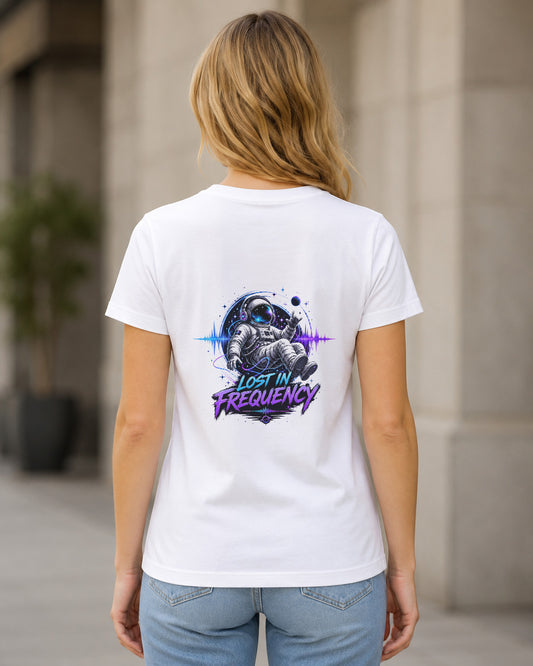 Lost in Frequency T-Shirt – Frauen Shirt Weiss, Rückenprint