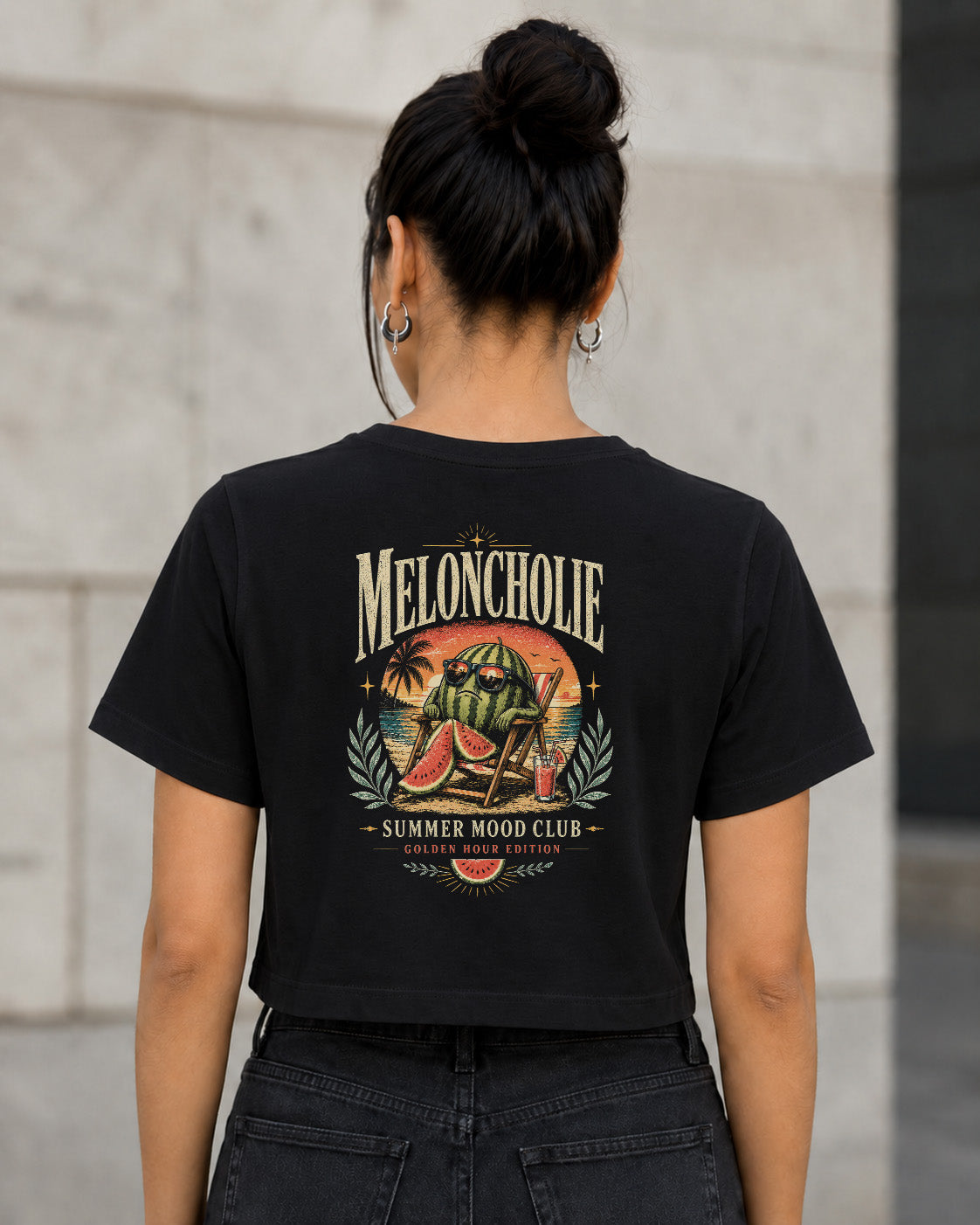 Meloncholie T-Shirt – Frauen Crop Shirt Schwarz, Rückenprint