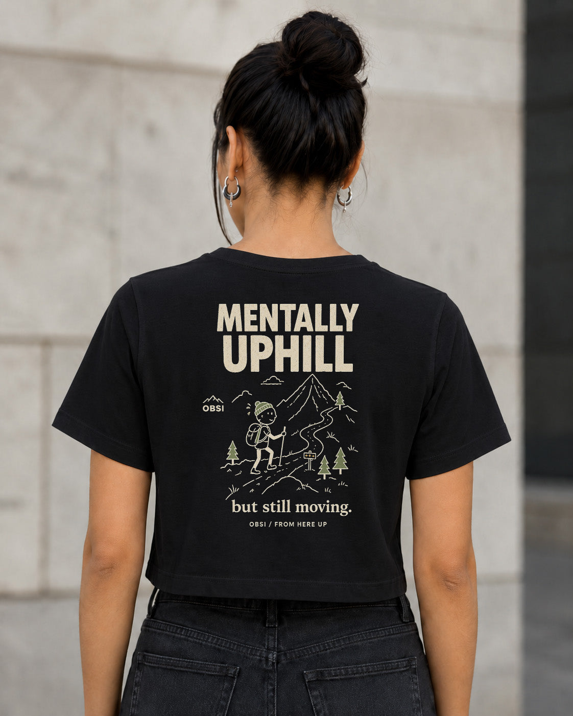 Mentally Uphill T-Shirt – Frauen Crop Shirt Schwarz, Rückenprint