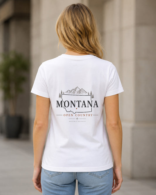 Montana Open Country T-Shirt – Frauen Shirt Weiss, Rückenprint