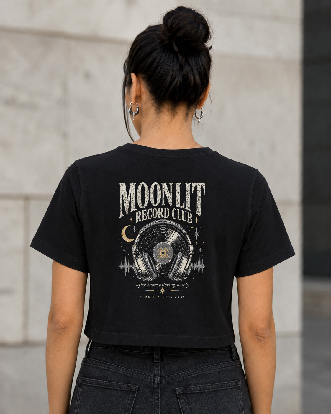 Moonlit Record Club T-Shirt – Frauen Crop Shirt Schwarz, Rückenprint