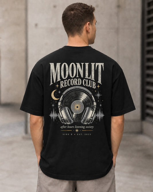Moonlit Record Club T-Shirt – Heavyweight Oversize Shirt Schwarz, Rückenprint