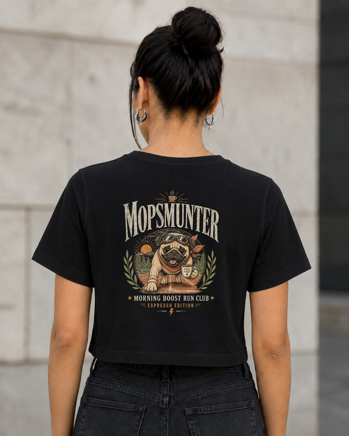 Mopsmunter T-Shirt – Frauen Crop Shirt Schwarz, Rückenprint