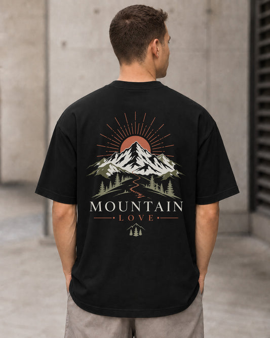 Mountain Love Sunrise T-Shirt – Heavyweight Oversize Shirt Schwarz, Rückenprint