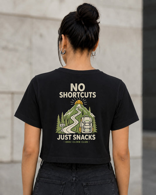 No Shortcuts Just Snacks T-Shirt – Frauen Crop Shirt Schwarz, Rückenprint