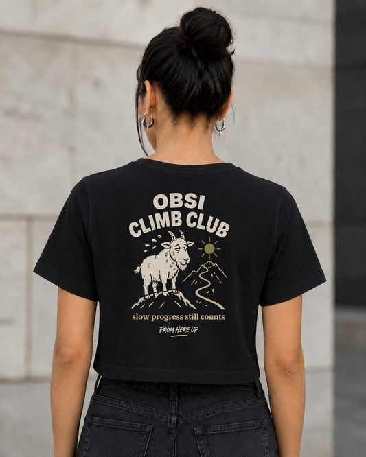 OBSI Climb Club T-Shirt – Frauen Crop Shirt Schwarz, Rückenprint