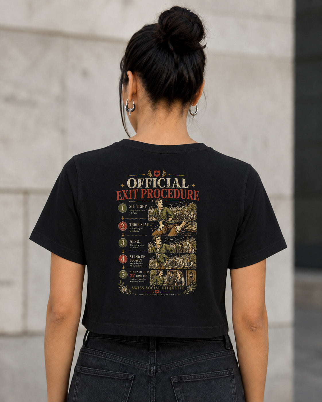 Official Exit Procedure T-Shirt – Frauen Crop Shirt Schwarz, Rückenprint