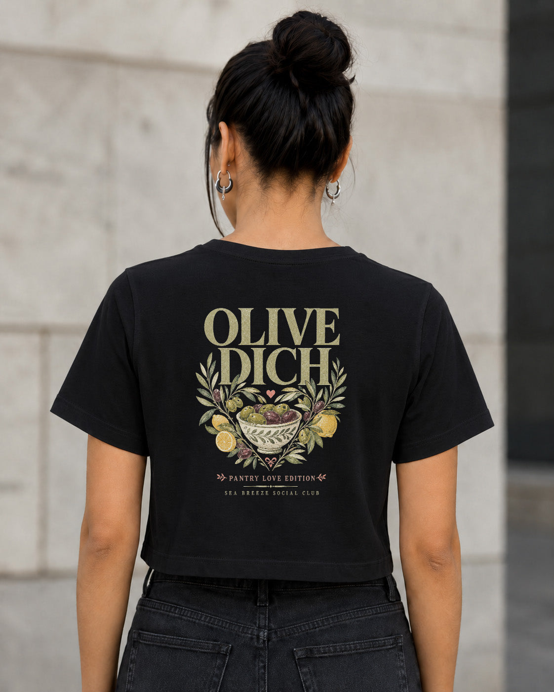 Olive Dich T-Shirt – Frauen Crop Shirt Schwarz, Rückenprint