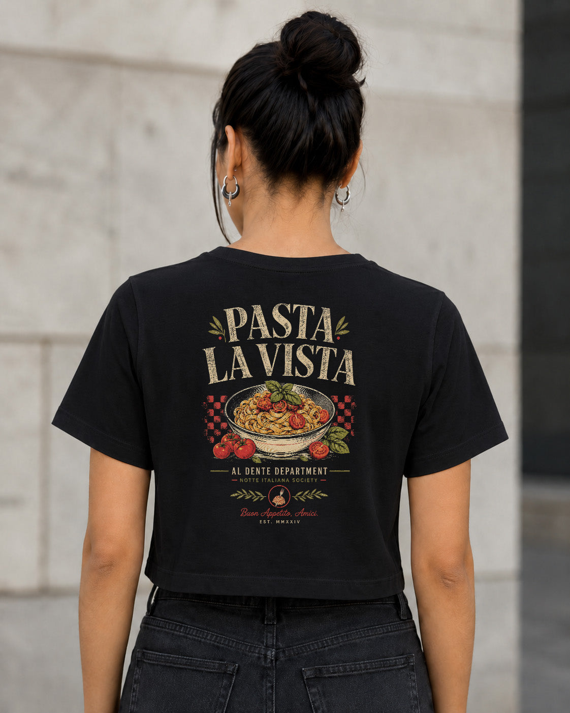 Pasta La Vista T-Shirt – Frauen Crop Shirt Schwarz, Rückenprint