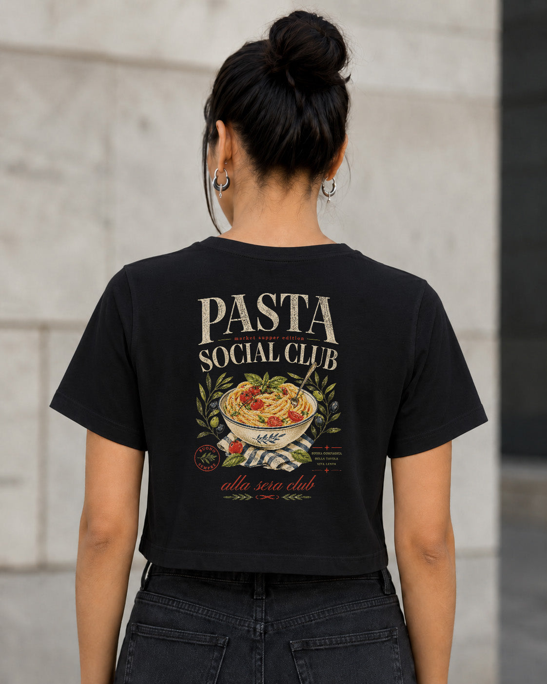 Pasta Social Club T-Shirt – Frauen Crop Shirt Schwarz, Rückenprint