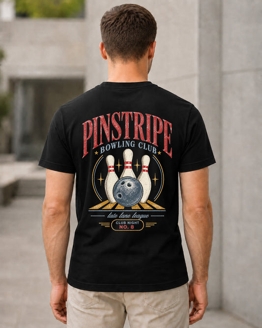 Pinstripe Bowling Club T-Shirt – Bio-Baumwolle Shirt Schwarz, Rückenprint