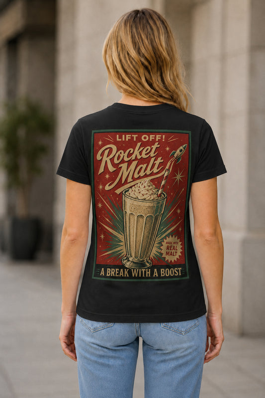 Rocket Malt T-Shirt – Frauen Shirt Schwarz, Rückenprint