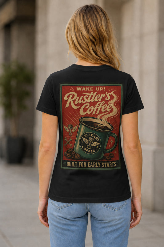 Rustlers Coffee T-Shirt – Frauen Shirt Schwarz, Rückenprint