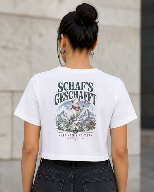 Schafs Geschafft T-Shirt – Frauen Crop Shirt Weiss, Rückenprint