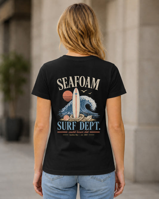 Seafoam Surf Dept T-Shirt – Frauen Shirt Schwarz, Rückenprint