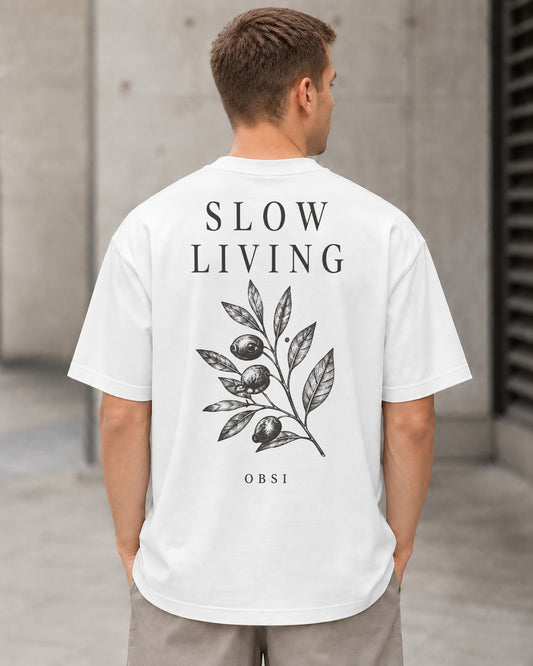 Slow Living Botanical T-Shirt – Heavyweight Oversize Shirt Weiss, Rückenprint