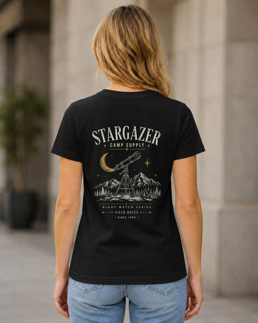 Stargazer Camp Supply T-Shirt – Frauen Shirt Schwarz, Rückenprint