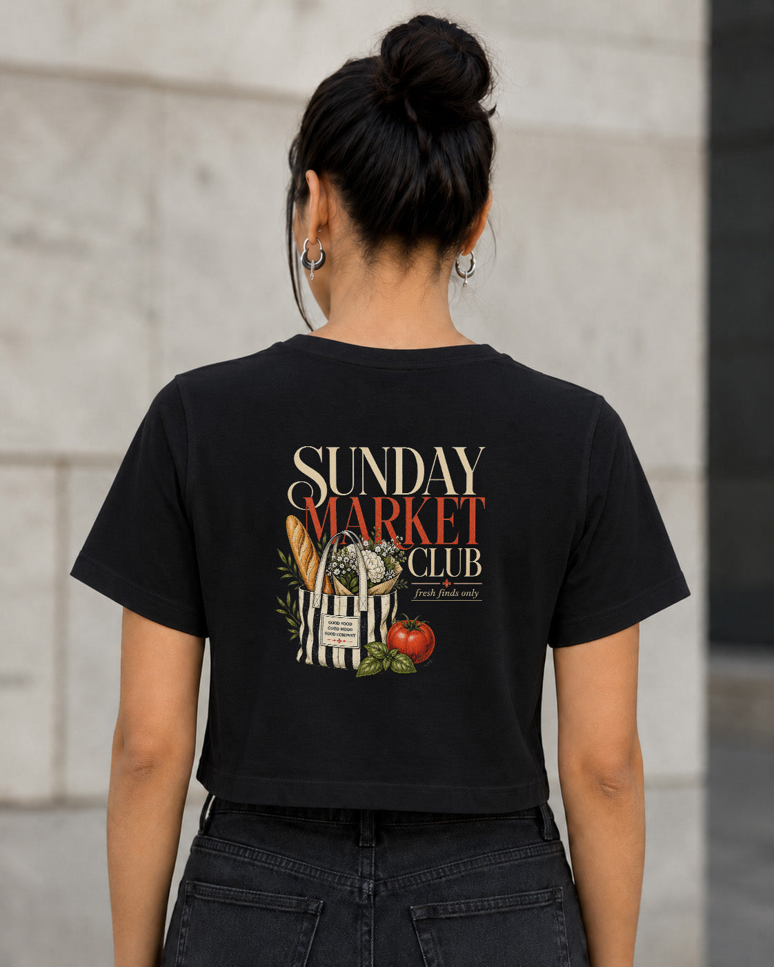Sunday Market Club T-Shirt – Frauen Crop Shirt Schwarz, Rückenprint