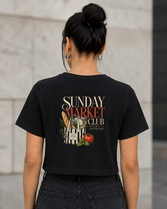 Sunday Market Club T-Shirt – Frauen Crop Shirt Schwarz, Rückenprint