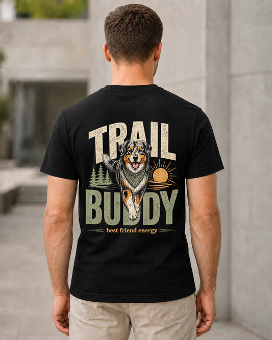 Trail Buddy Aussie Merle T-Shirt – Bio-Baumwolle Shirt Schwarz, Rückenprint