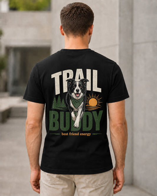 Trail Buddy Border Collie T-Shirt – Bio-Baumwolle Shirt Schwarz, Rückenprint