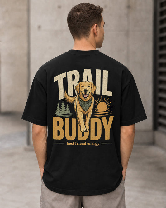 Trail Buddy Retriever T-Shirt – Heavyweight Oversize Shirt Schwarz, Rückenprint