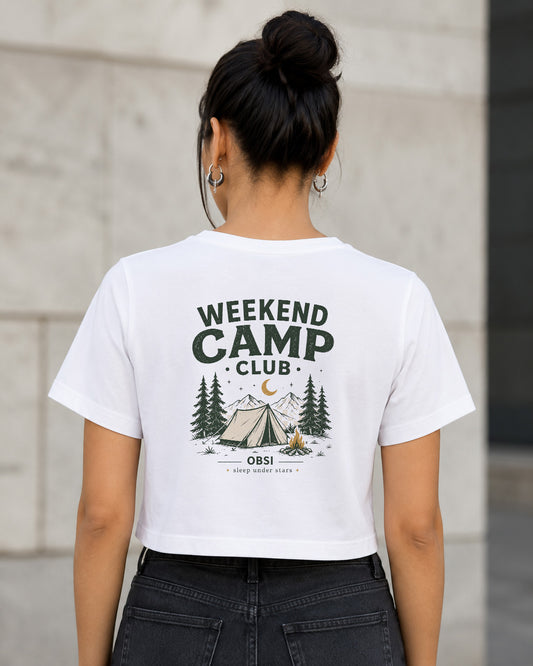 Weekend Camp Club T-Shirt – Frauen Crop Shirt Weiss, Rückenprint