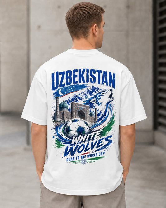 Usbekistan WM Shirt 2026 – Heavyweight Oversize Shirt Weiss, Rückenprint