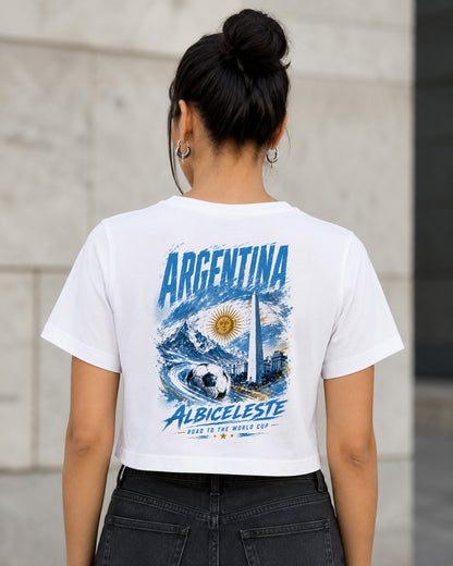 Argentinien WM Shirt 2026 – Frauen Crop Shirt Weiss, Rückenprint