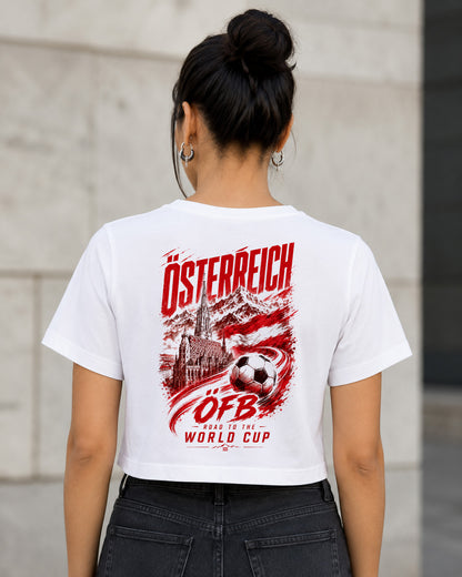 Österreich WM Shirt 2026 – Frauen Crop Shirt Weiss, Rückenprint