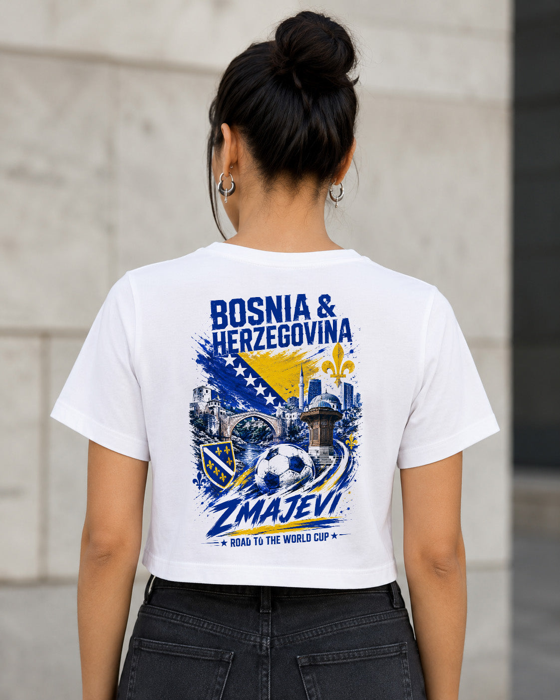 Bosnien-Herzegowina WM Shirt 2026 – Frauen Crop Shirt Weiss, Rückenprint