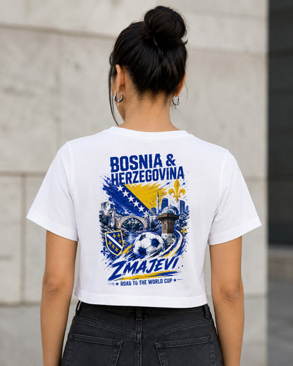 Bosnien-Herzegowina WM Shirt 2026 – Frauen Crop Shirt Weiss, Rückenprint