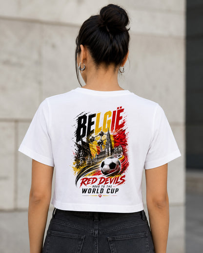 Belgien WM Shirt 2026 – Frauen Crop Shirt Weiss, Rückenprint