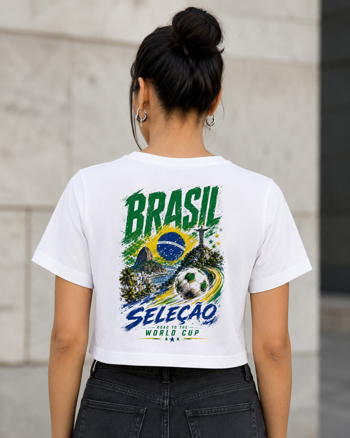 Brasilien WM Shirt 2026 – Frauen Crop Shirt Weiss, Rückenprint