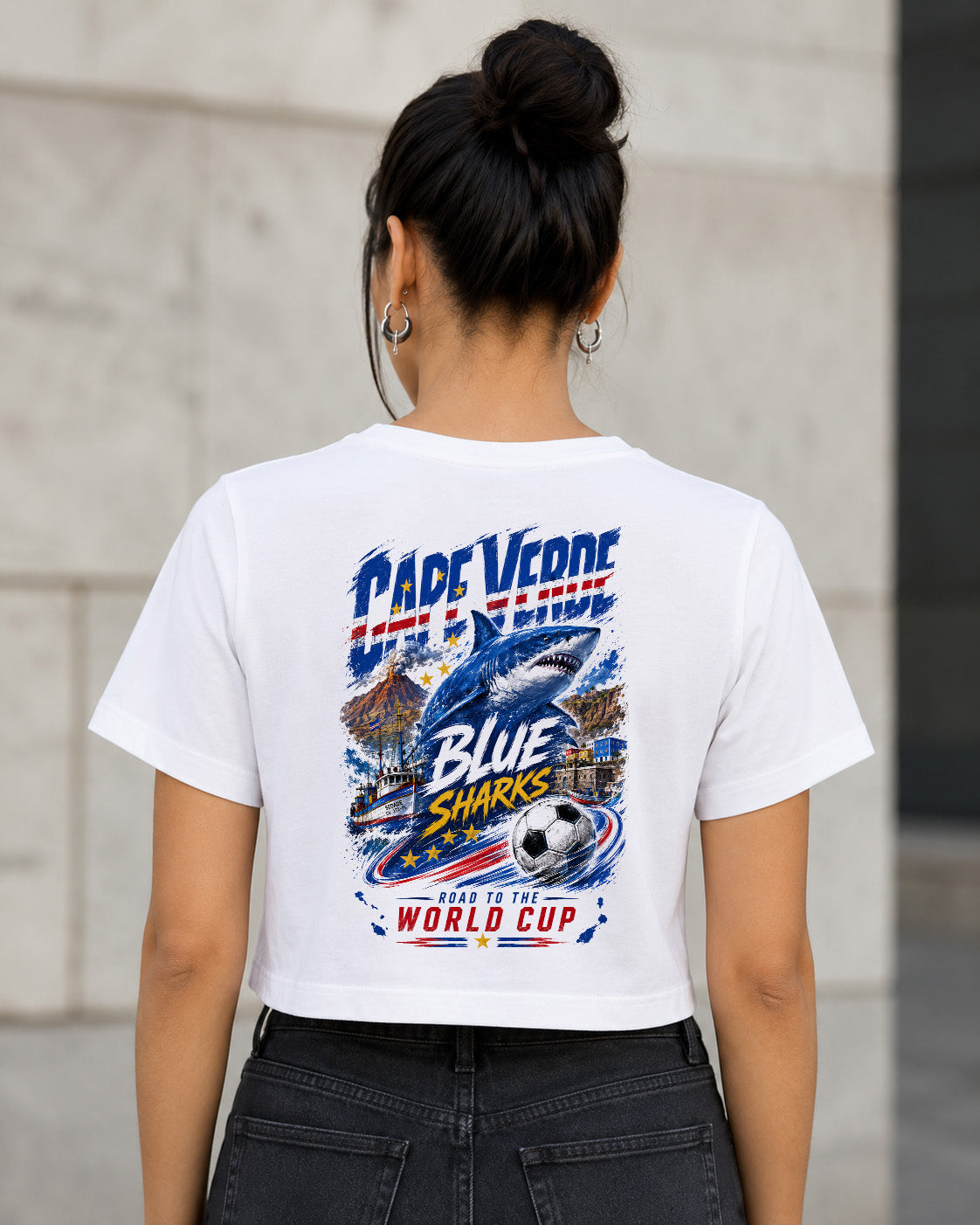 Kap Verde WM Shirt 2026 – Frauen Crop Shirt Weiss, Rückenprint