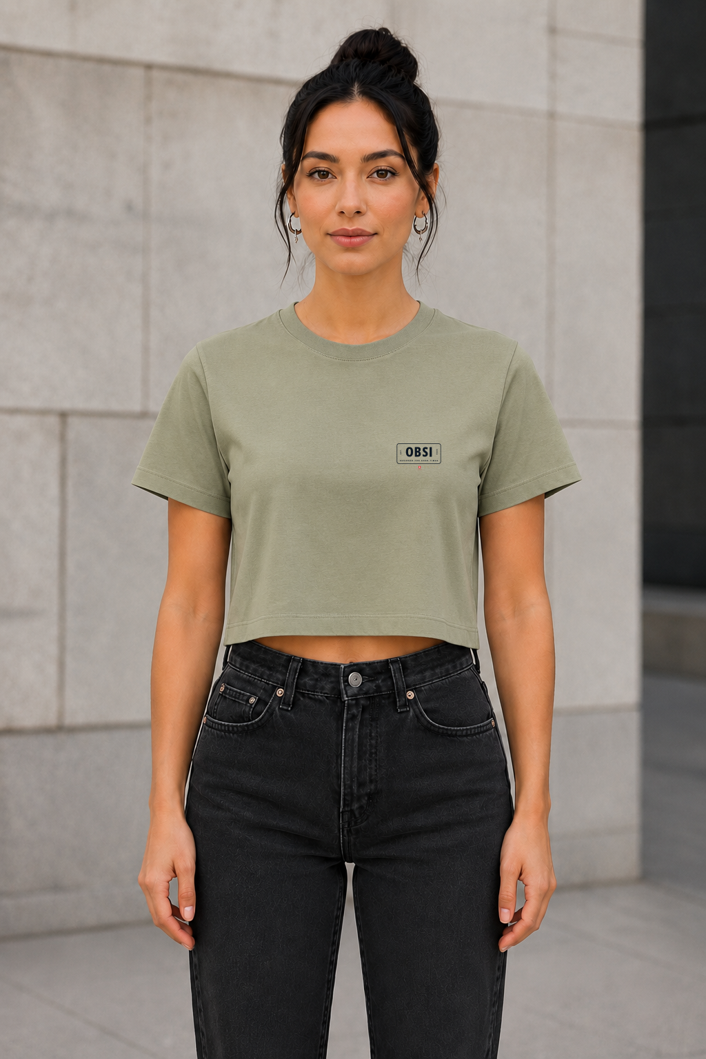 OBSI Daily Logo Tee – Frauen Crop Shirt Pale Olive