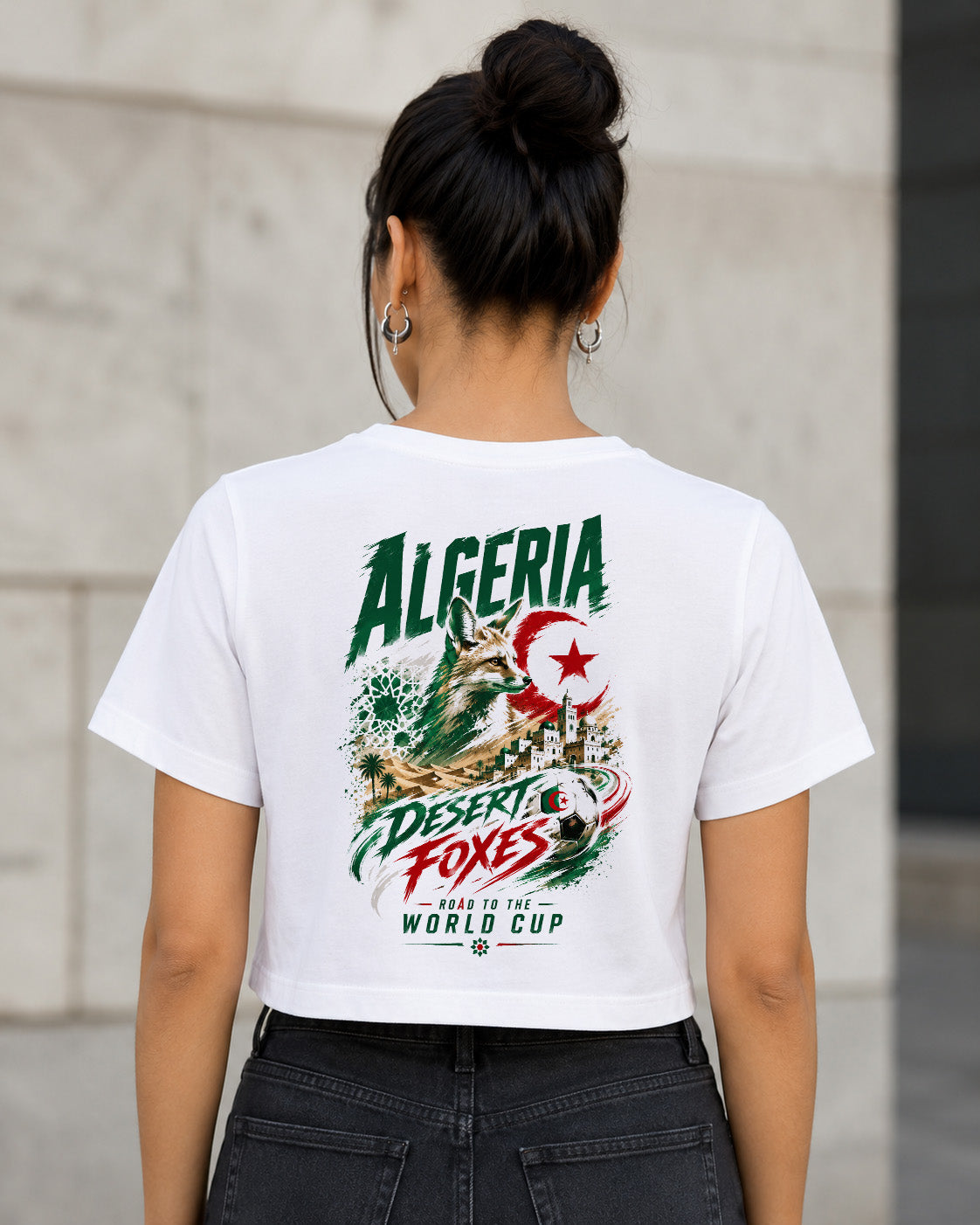 Algerien WM Shirt 2026 – Frauen Crop Shirt Weiss, Rückenprint